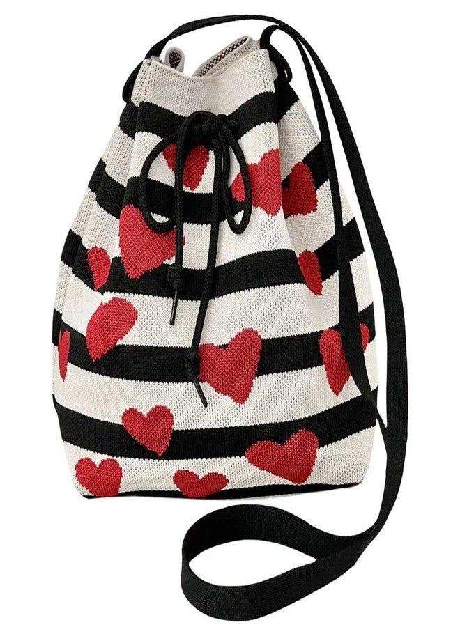 Winatehr crochet heart drawstring knit bucket bag, small cute crossbody for women trendy, casual stripe everyday shoulder korean bags - Image 1